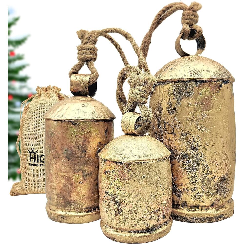 Set 3 Rustic Handmade Brass Cow Bells Vintage Large Farmhouse Hanging Decor